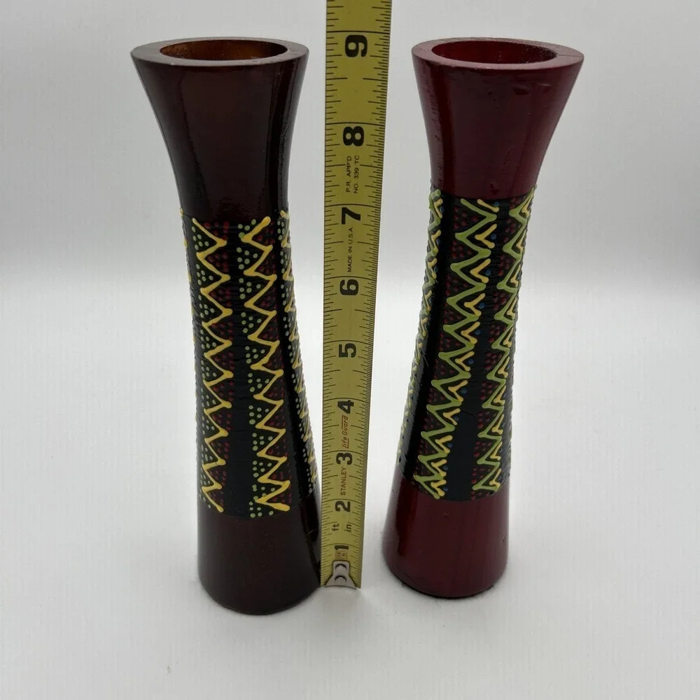 Hand Painted Wooden Candlestick Holders‎ OS Red Brown Tribal Pattern Set